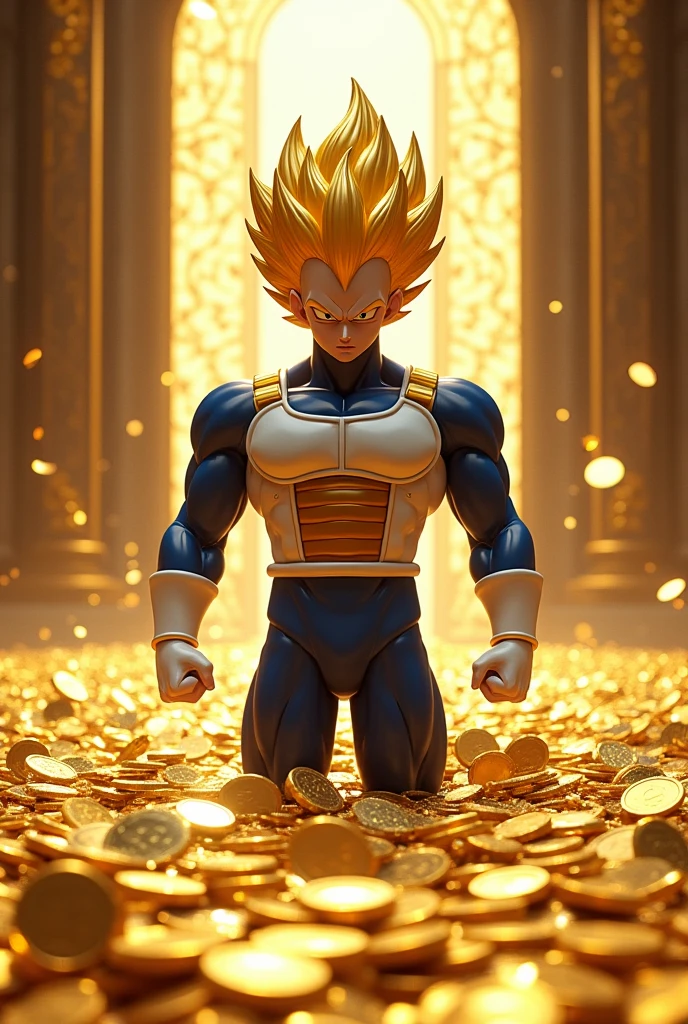 Vegeta in a pool of gold coins and bills