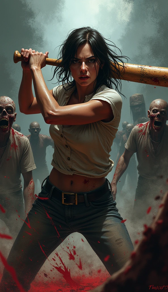 The cover image shows a woman fighting a horde of zombies fiercely, blood splattered, with a baseball bat hitting the zombies&#39; heads. She&#39;s wearing tattered clothes. The scene is dark and atmospheric, with a realistic and fierce style.