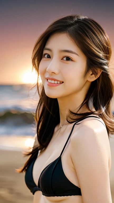 (RAW photos), (realistic), (masterpiece), (best quality), high resolution, 8k, (intricate details), (Voluminous light), portrait, female, 3, medium hair, straight hair, Center chest gap, layered hair, brown hair, very nice eyes, source order, very nice eyes썹, very good skin, Very good mouth, Very good nose, Cute like an idol, happy smile, (thick lips), (looking at viewer), (Simple black bikini), slim body, ((Hawaiian sunset beach)), ((Hair blowing in the wind))