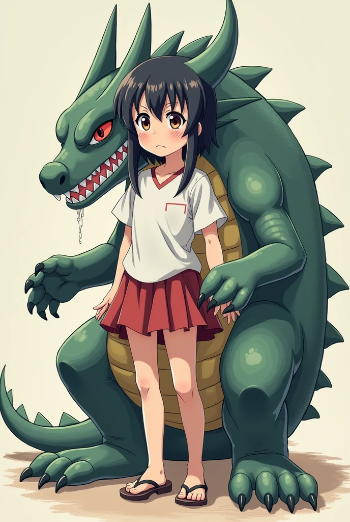 A girl's lower_body is transformed into a dragon(four legs)(Japanese anime style)(scared and crying)(skirt)