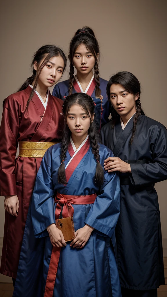 There are 4 people standing: the girl in the middle is a Korean girl. The girl has long hair braided in a ponytail gathered on top of her head. The girl is wearing a man's hanbok, and the changbok is burgundy in color. Hands are on the shoulders of another girl and a guy. On the right is a Korean guy with a short haircut. The guy is wearing a blue hanbok. The guy has a sword on his belt. On the left, a Korean girl in a red hanbok, black hair gathered in a bun on top of her head, the rest lying on her shoulders. Next to the three of them is a Korean guy with his hair in a ponytail, wearing a blue hanbok.