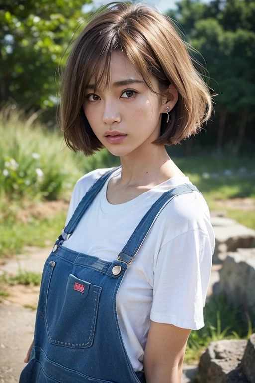 young girl, Messy Hair, Bob Cut, (broad jawline:1.3), Asian eyes, Plump, thin eyebrows, 14 Talents, Half Smile, fair skin, no makeup, Blouse, Standing, Sunlight, (photo realistic:1.55) , Physically Based Rendering, Shaggy hair,Short Bob,Very light pink hair,very light brown hair), perfect anatomy, flat chest, (overalls of large size,,T-Shirts), earrings,Very well-formed face, (no makeup:1.2),