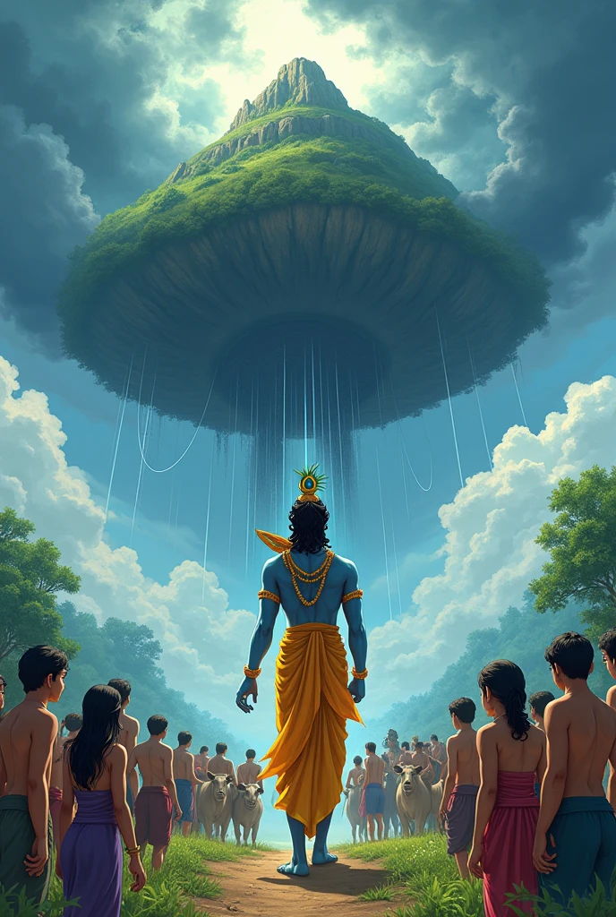 Illustrate an anime-style image of Lord Krishna lifting the Govardhan mountain with one hand. He is wearing his yellow dhoti and peacock feather crown, standing confidently. The villagers, including men, women, and children, along with cows, are gathered under the mountain, looking up at him with awe."