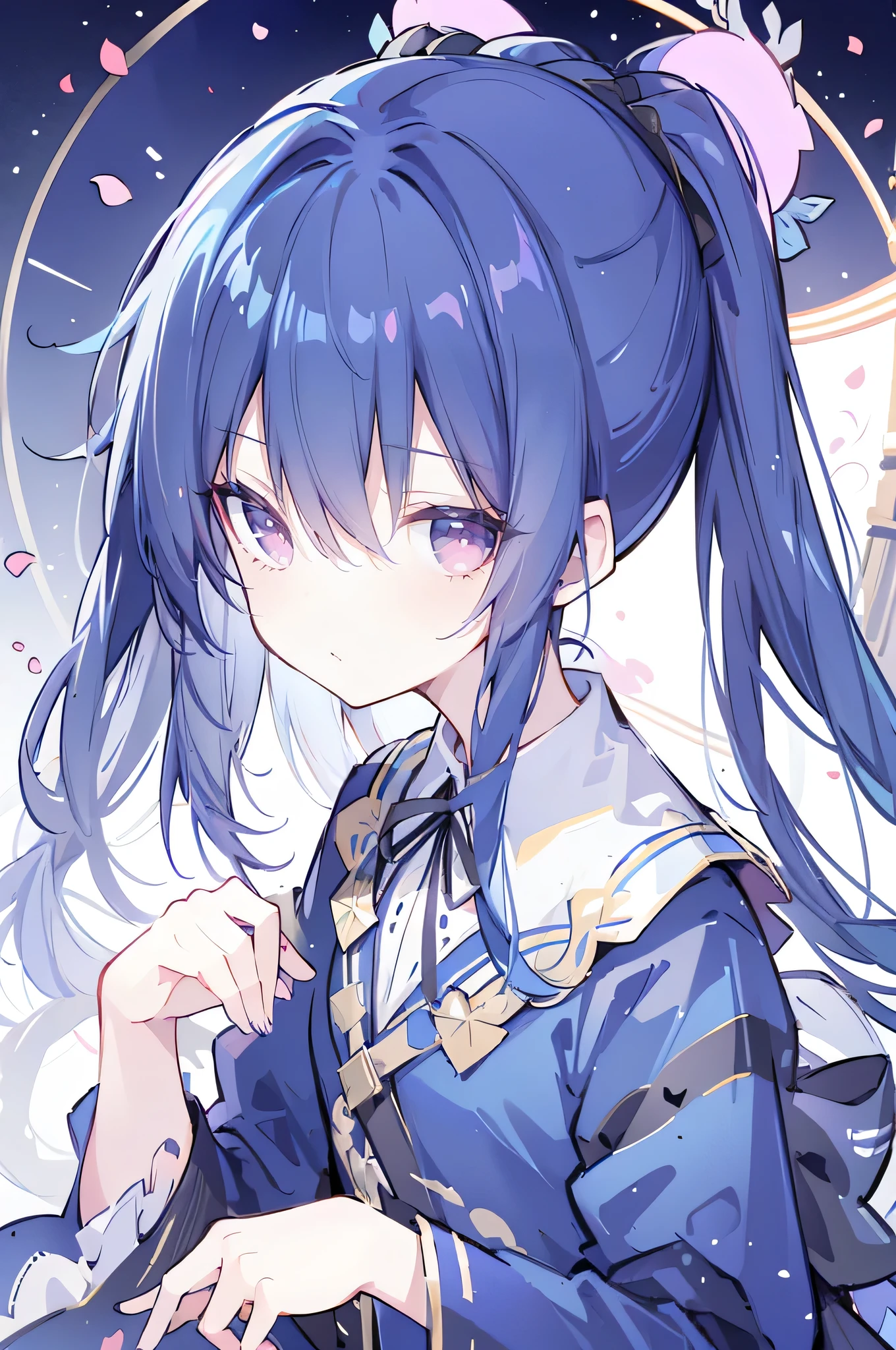 (Masterpiece:1.2),Ultra-detailed,lifelike,The eyes are expressive,Fair skin,Perfect face shape,1 girl,Japanese Manga,Gorgeous blue hair,Flowing blue hair,Flowing clothes,Cat ears,Petals falling,Shy face,sitting on window,Place your hand on your lips,masterpiece, absurdres, novel cover, cover illustration, 1girl, solo, dark blue-haired ponytail, mage robes, flower background, clock background, monochrome, line drawing