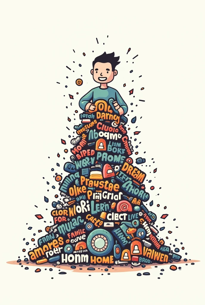A cartoon cutout in white background of a man saying i am fine and looking at front with smile  but buried under huge pile of a lot of obstacles like dream, work, family, financial pressure, home impacting his mental health
