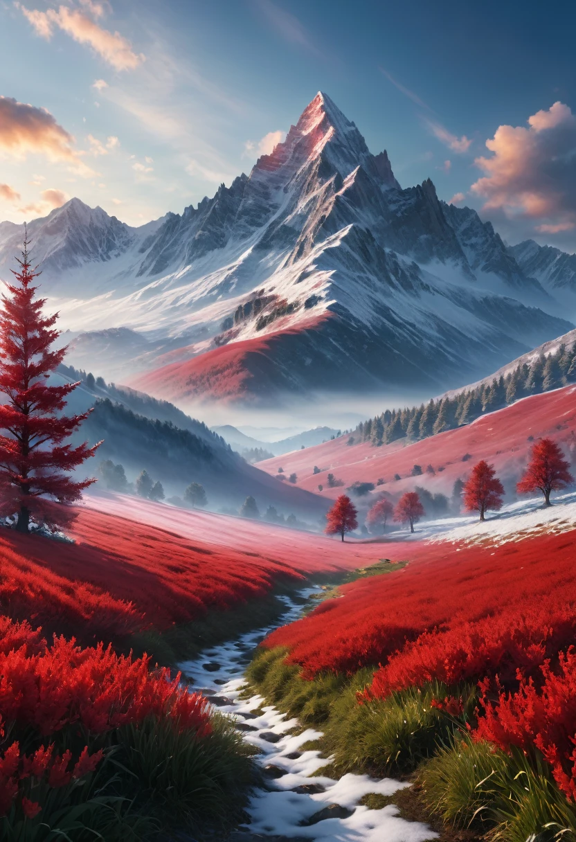 ((masterpiece:1.4,best quality)), cloud, outdoors (mountains), spring glade, scenery, sky, winter, (early morning:1.4),morning red, high detail, abundant, 8k, high detail, wallpaper,
