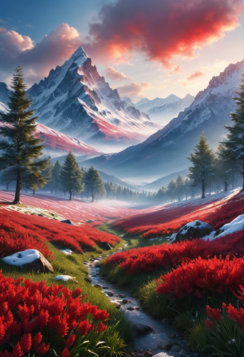 ((masterpiece:1.4,best quality)), cloud, outdoors (mountains), spring glade, scenery, sky, winter, (early morning:1.4),morning red, high detail, abundant, 8k, high detail, wallpaper,