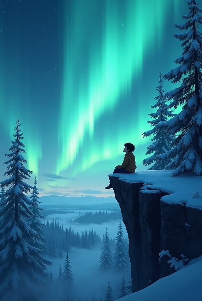 A boy with long dark hair, sitting on a cliff in a snowy forest watching the Northern Lights