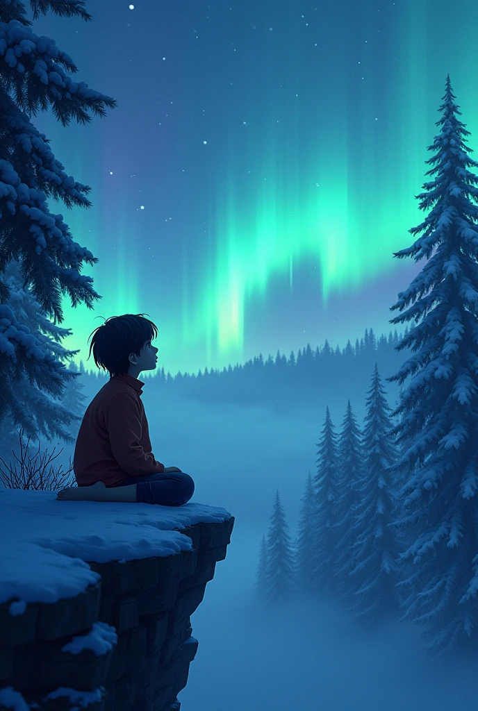 A boy with long dark hair, sitting on a cliff in a snowy forest watching the Northern Lights