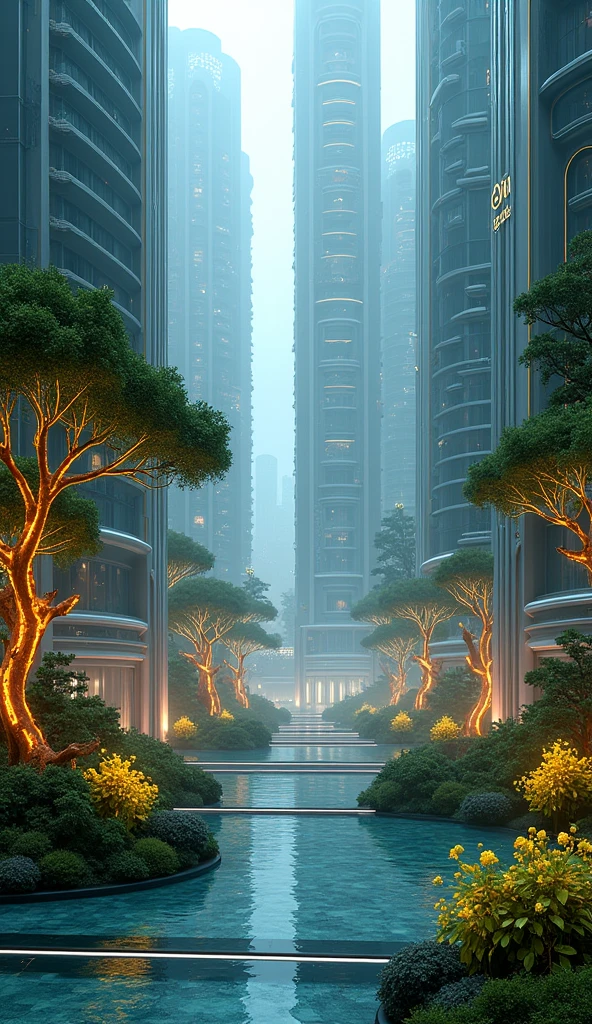a futuristic cityscape, bioluminescent plants, eco-tech integration, neon trees, sleek architecture, advanced urban design, serene landscapes, glowing pathways, 4k, RAW photo, photorealistic, masterpiece, ultra-detailed, stunning lighting, vibrant colors, cinematic composition, highly detailed foliage, retrofuturistic elements, technologically advanced, glowing flora, minimalist aesthetic, volumetric lighting, complex architectural structures, verdant greenery, dynamic perspective, clean lines, shimmering surfaces