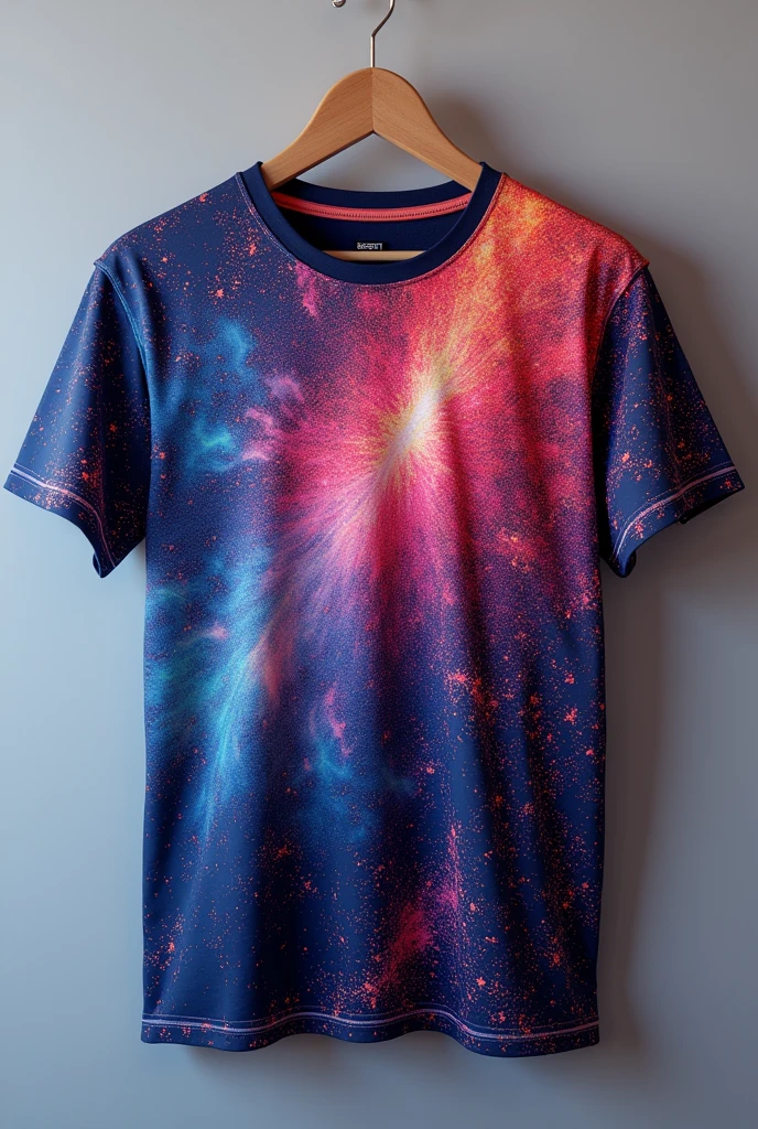 realistic image, of a print on a t-shirt with a glitter-type ink with an iridescent effect in red colors, blue, violet. The printed t-shirt must be seen