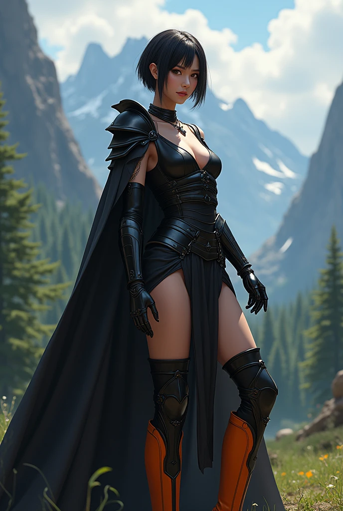 masterpiece, best quality, shez, short haired black, choker, armor, cape, black dress, single glove, thighhighs, armored legwear, orange boots, from side, standing, whole body, looking at viewer, smile, closed mouth, trees, mountains