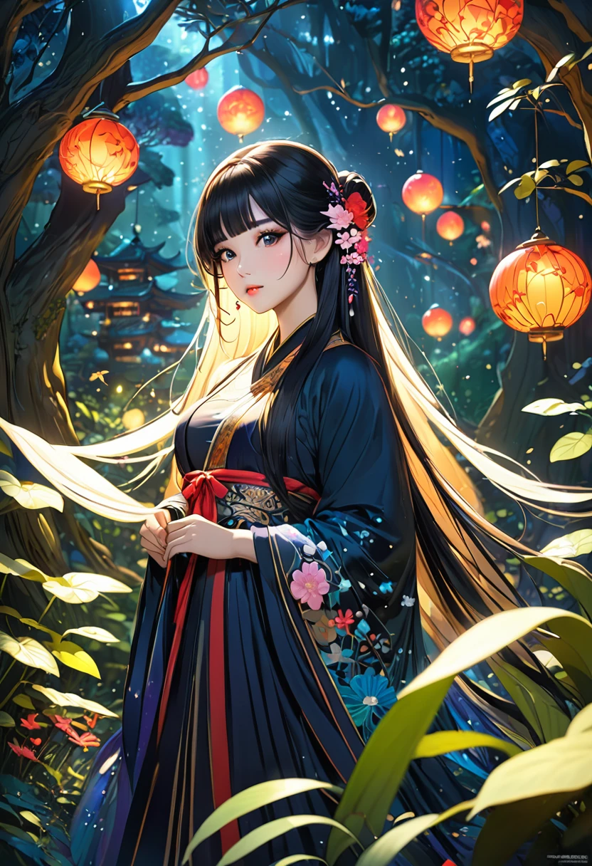 ((best quality)), ((Masterpiece)), (details), 1 woman, Medium bust, black hair, black eyes, ((long hair, buns)), Bangs , curve, beautiful face, Beautiful skin , Long eyelashes, Thick eyelashes, Hanfu,(Dress conservatively:1.3),Flying petals, seductive pose,colorful,Magic Forest,sparkling light particles,nighttime,atmosphere,Enchanted,ethereal light,beautiful nature,dreamlike,quiet,quiet,undercover,charming,undercover,การแสดงตนที่charming,elegant posture,peaceful aura,shining,beauty in nature