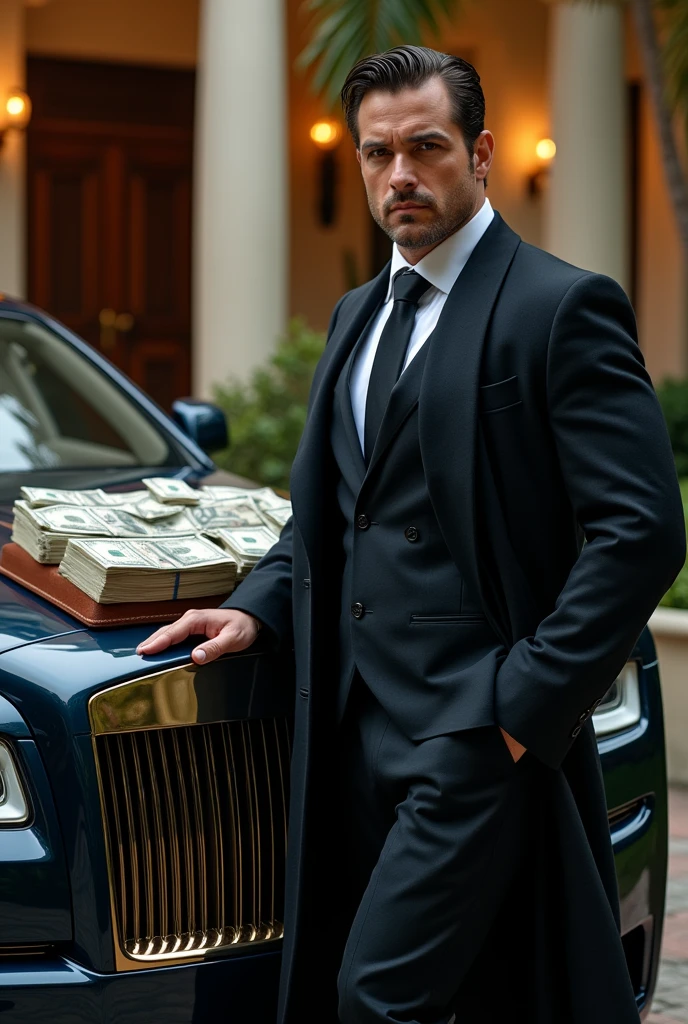 A 25 year old man with mafia coat suit and with muscular body and standing aside on new rolls royce ghost and a lotsof money in a big suit case on the car hood and the background in a big house , picture covers whole car and house

