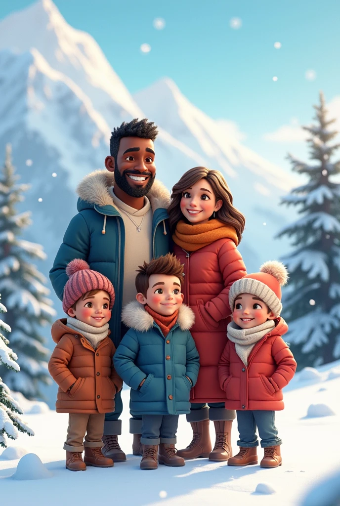 image of a family on vacation in the snow, tall black father short hair with short beard, fair skin mother medium hair,  son , another 9 year old so2 year old daughter