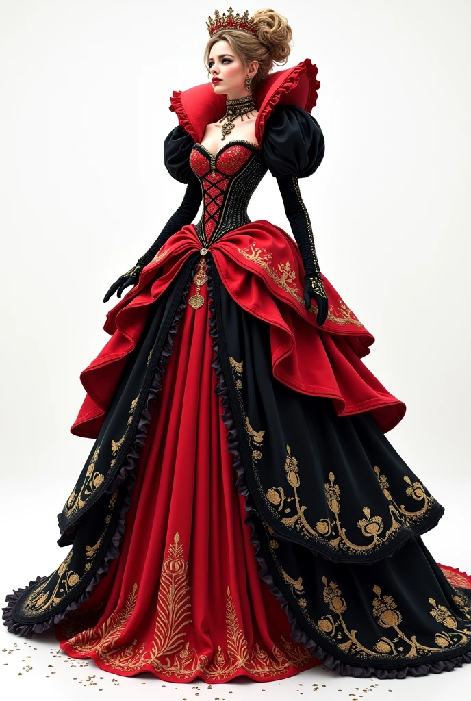 I want you to create a sketch of a dress inspired by the Queen of Hearts, with a style that mixes Victorian and princess elements, suitable for a gala event. The dress will have details that refer to the theme of Alice in Wonderland, with colors characteristic of the Queen of Hearts, like red, black and details that are simple with gold and white sawdust that is easy to make