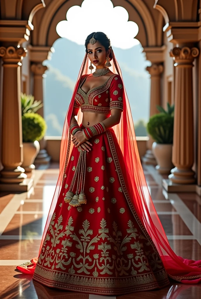 (8k, RAW Photos, Highest quality, masterpiece: 1.2)、Very detailed、Super Resolution、(Full body photography)、Natural color lip、Heavy eye makeup、(Indian bridal traditional dress, salwaar kurta 1.2), Gorgeous Accessories、Straight Hair、C cup breasts(Background of a royal banquet hall with luxury view1.2)、(Dynamic Sexy Pose 1.2)、(Gorgeous Theme 1.2)、(With mild cleavage 1.2) Full length photograph, head to sandals length. Indian female 3, vertical length.