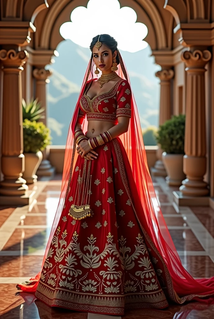 (8k, RAW Photos, Highest quality, masterpiece: 1.2)、Very detailed、Super Resolution、(Full body photography)、Natural color lip、Heavy eye makeup、(Indian bridal traditional dress, salwaar kurta 1.2), Gorgeous Accessories、Straight Hair、C cup breasts(Background of a royal banquet hall with luxury view１.2)、(Dynamic Sexy Pose 1.2)、(Gorgeous Theme 1.2)、(With mild cleavage 1.2) Full length photograph, head to sandals length. Indian female 3, vertical length. 