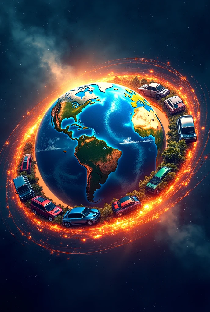 Logo universe,planet Earth, Cars, GAS VEHICULAR, fire,trees