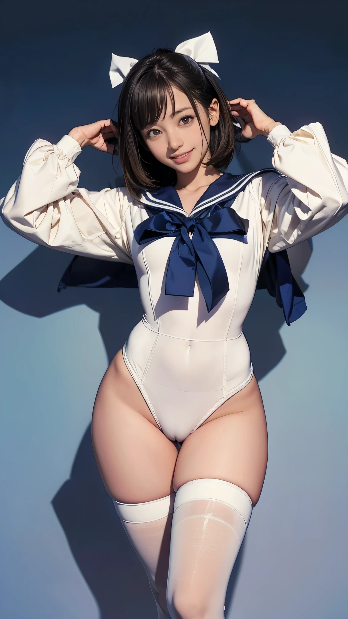 nerd girl、(Having fun in a white leg suit with a sailor bodysuit、Short Bob、smile、Big ribbon on head、Very slim:1.5、Very thin thighs:1.4、Very long legs)、Droopy eyes:1.4、Big round eyes:1.3、((Raise your arms in joy))、Filmed at Disneyland、camel toe
