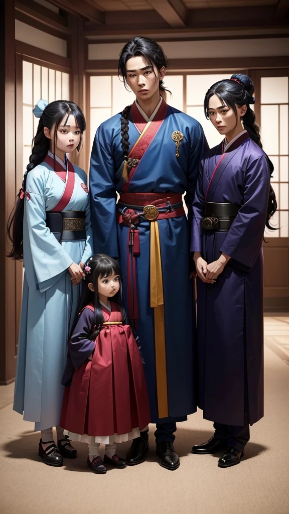 There are 4 people standing: the girl in the middle is a Korean girl. The girl has long hair braided in a ponytail gathered on top of her head. The girl is wearing a man's hanbok, and the changbok is burgundy in color. Hands are on the shoulders of another girl and a guy. On the right is a Korean guy with a short haircut. The guy is wearing a blue hanbok. The guy has a sword on his belt. On the left, a Korean girl in a red hanbok, black hair gathered in a bun on top of her head, the rest lying on her shoulders. Next to the three of them is a Korean guy with his hair in a ponytail, wearing a blue hanbok.