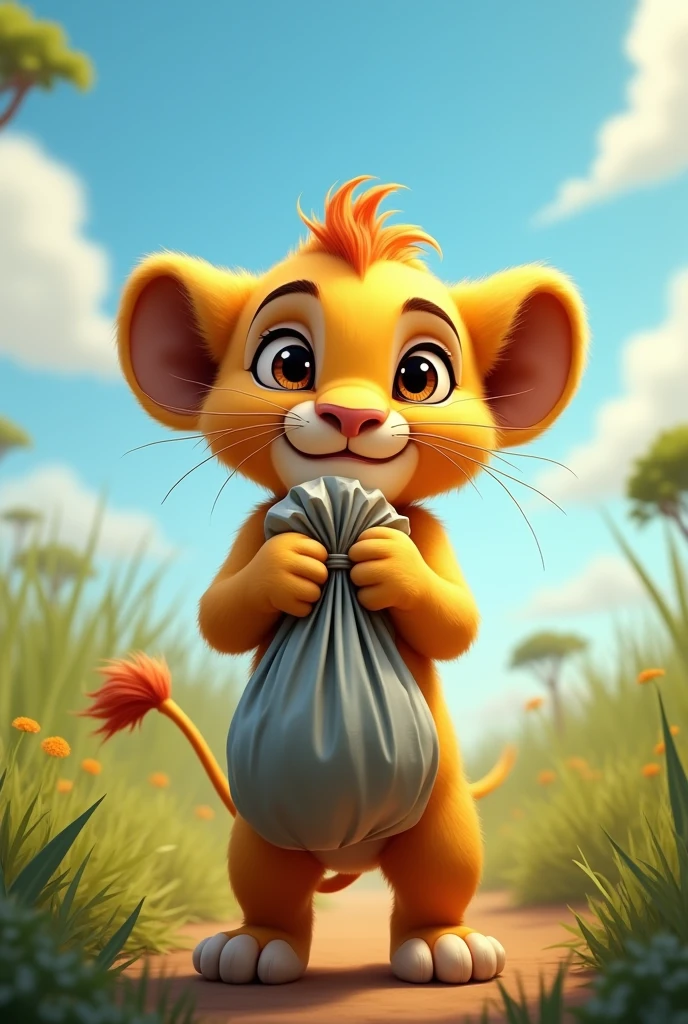 Baby lion with garbage bag in hand