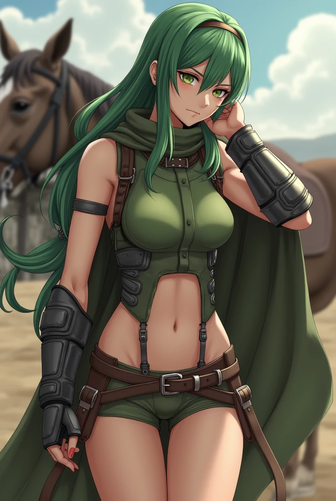 Girl with green hair, (realistic, highest quality, High resolution, real women pictures:1.57), realistic, ( girl= in cowgirl position:1.7), curved body, anatomically correct body, (head band, green sleeveless turtleneck, shoulder armor, arm guard, shorts:1.87), beautiful navel, (slender body shape:1.7), nostrils are not visible, nose too small, spreads her legs wide open and straddles the man in cowgirl position., thin waist, beautiful thighs, beautiful feet, Beautiful depiction of the vagina, (The penis is in the vagina:1.74), (The body is wet with lotion), Detailed depiction of the vagina, beautiful girl has sex with a guy, saddle, (exact limbs:1.99), small face is beautiful, (put your hands behind your head:1.5), (lips slightly open), Beautiful woman has sex with a man in cowgirl position, ((a man exposes his penis:1.74)), girl  has the cutest face, 15 year old