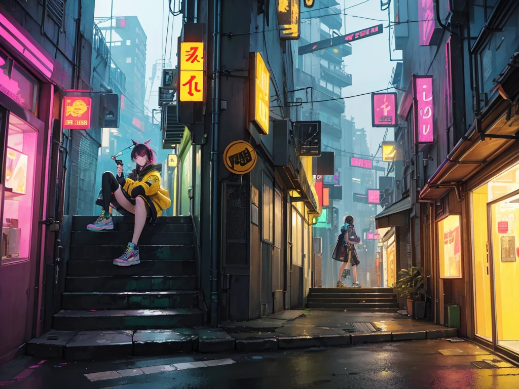 cyberpunk city with a woman sitting on some stairs smoking a cigarette wearing a yellow jacket and high top sneakers on the right side, alley with shops with neon signs