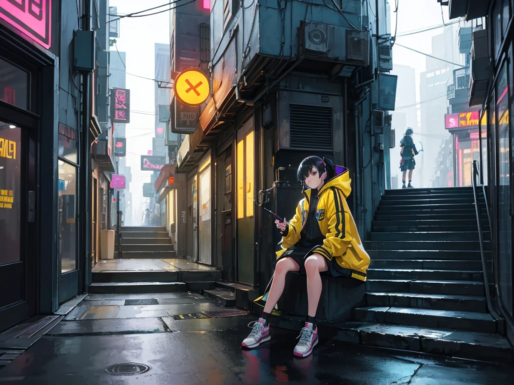 cyberpunk city with a woman sitting on some stairs smoking a cigarette wearing a yellow jacket and high top sneakers on the right side, alley with shops with neon signs