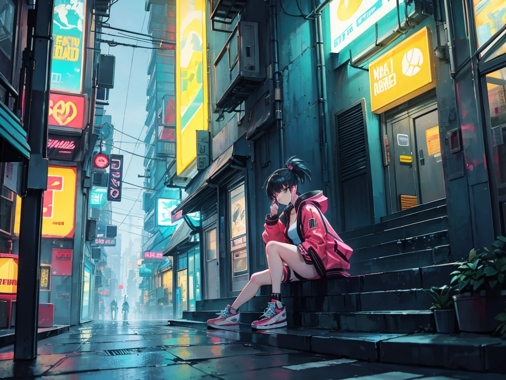cyberpunk city with a woman sitting on some stairs smoking a cigarette wearing a yellow jacket and high top sneakers on the right side, alley with shops with neon signs