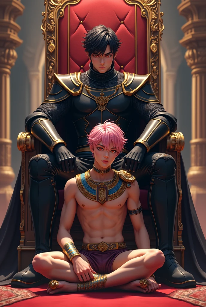 3D anime style image of a 25 year old boy, with a muscular and sexy body, with black hair and red eyes dressed in tight black knight's clothing sitting on a throne and sitting on it a young boy of 20 years old, slim but sexy body, with pink hair and yellow eyes wearing white Egyptian emperor clothes and sitting next to the throne on the ground