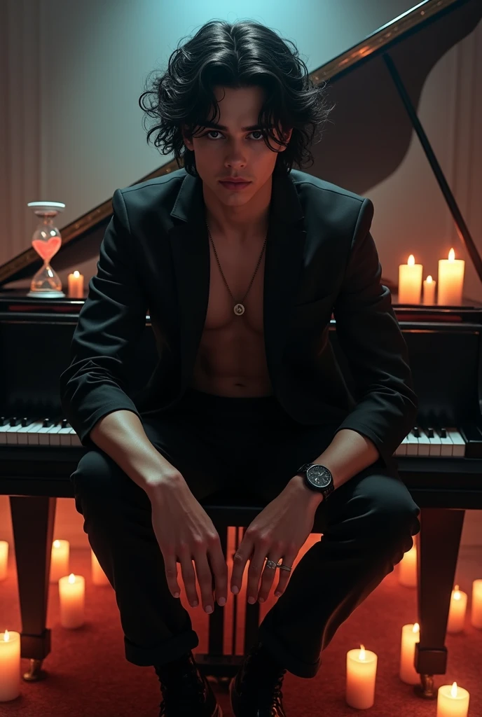 A very seductive and yet dangerous young male character. He wears black. He is very scary with dangerous smile (the smile must be very present) but extremely seductive. He has wavy black hair black eyes. He is really attractive yet scary. He is sitting on a piano. And there's an hourglass with a heart on the piano. There are a lot of candles on the ground. We must see in his eyes that he is demonic