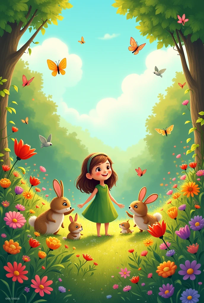 / imagine A lively scene of colorful flowers in full bloom and various animals living peacefully together."19.:6
cartoon character with green dress