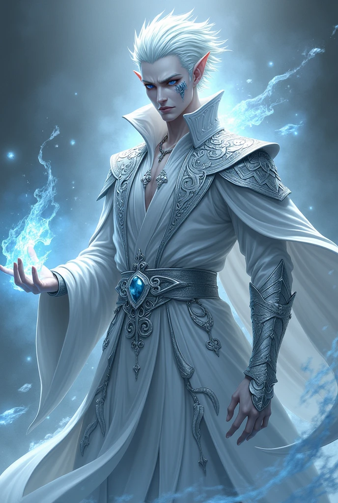 dnd, dungeons and dragons, yuan-ti, snake man, serpentine, serpent, snake guy, sorcerer, slender, ice magic, cold magic, magic, casting a spell, solo, single person, portrait, action pose, pale white skin, symmetrical silver snake scales on cheeks, thick vertical black line tattoo on bottom lip and chin, short spiky white and silver hair, light grey snake eyes, handsome, male, anime, ornate silver robes, silver jewelry with blue gems, noble, rich, frost magic, ((masterpiece, best quality)), trending artwork