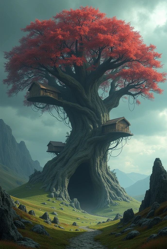A landscape with a giant tree in the center, Surrounded by grass and hills. Its twisted branches support platforms with carved huts. At its base there is a mouth-shaped hole that leads to its interior.. Its leaves are red as blood and the sky is gloomy, Announcing a storm.