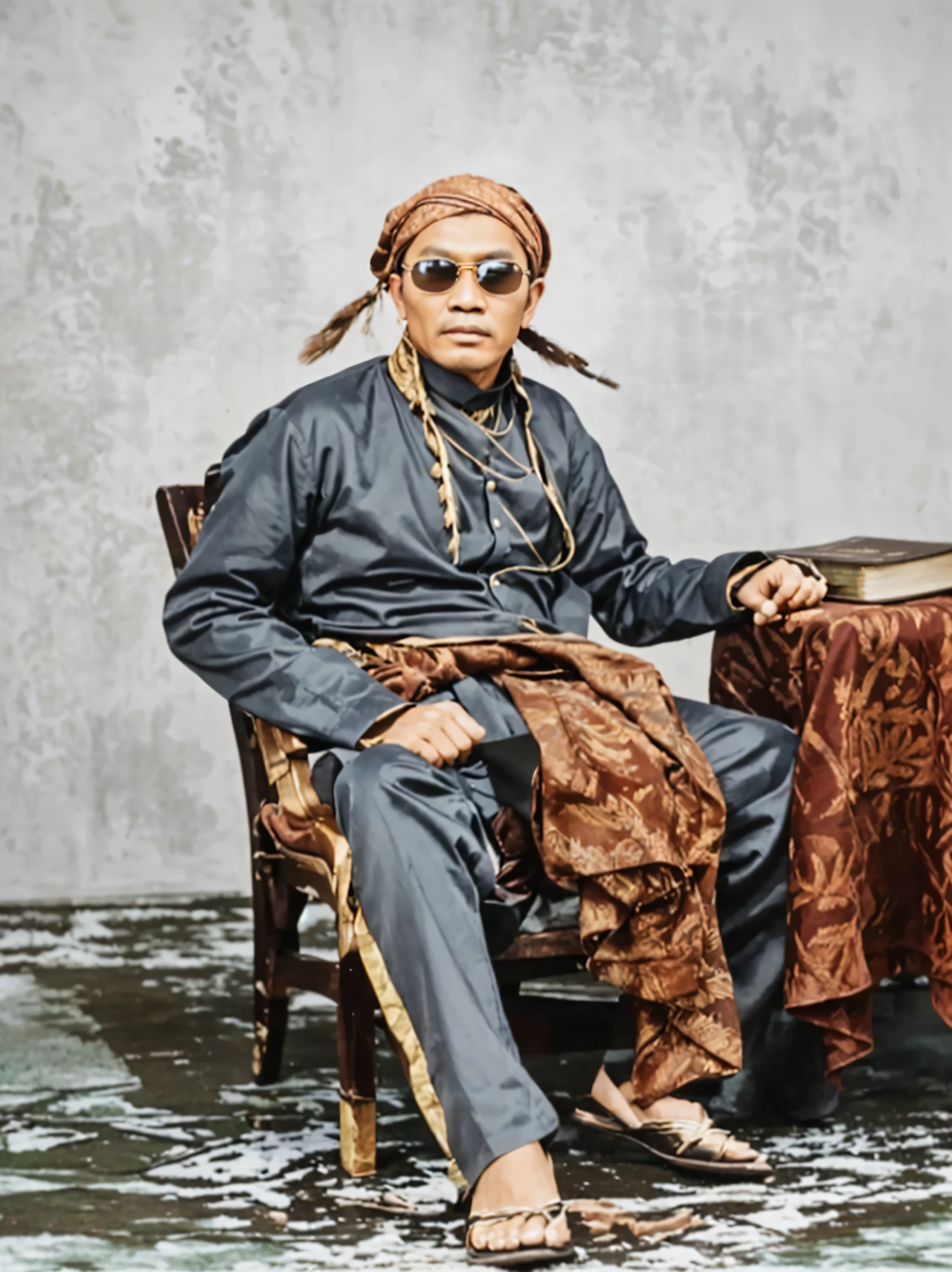 Make this photo look realistic and detailed, Portrait of a Javanese man wearing sunglasses. Location of Java sitting in a chair with a book in a studio photograph, an indonesia, indigenous man, a colorized photo, colorized photo, colorized photograph, colorized, colored daguerreotype, colourized, portrait shot, photo in color, skilled warrior of the apache, old color photo, old color photograph, coloured photo, very detailed potrait, realistic portrait photo, profile portrait, very detailed face, very realistic face, very perfected face, very detailed clothes, very realistic clothes, very perfected clothes.
