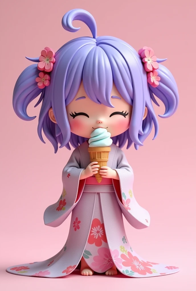 Cute with viola hair, wearing a long floreal kimono, holding a ice cream, 3D Rendering, solid color background, specific, chibi anime, surrealism, cartoon style, full-body shot, super detail, anatomically correct, masterpiece, precise