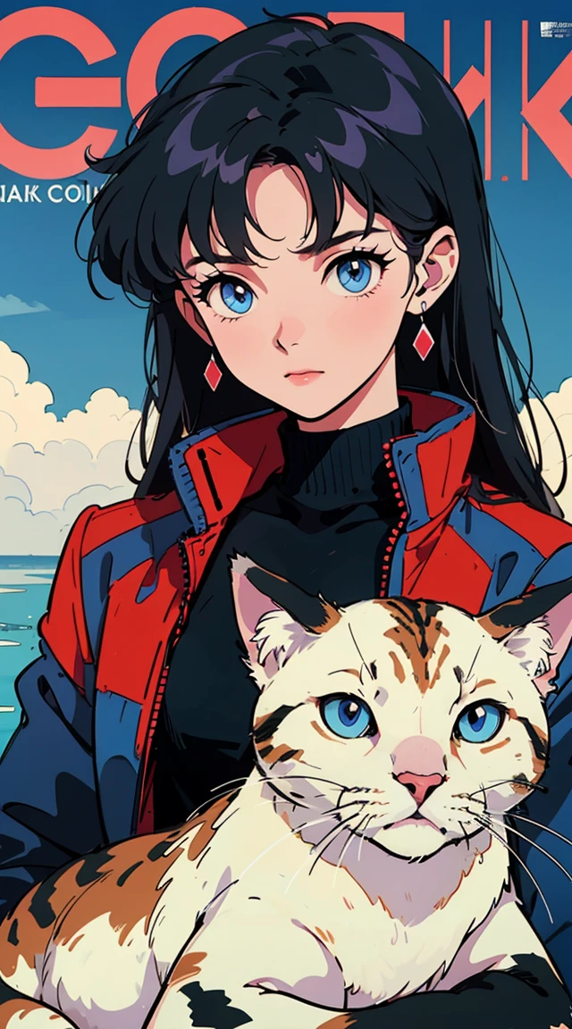 8k image quality, 2000s style animation, 24 year old girl, coolerfull hair, long hair, dark blue eyes, With a red turtleneck, black coat, home background, magazine cover, whole body , By the creek , posing, With an  cat, the cat had a white collar and blue eyes