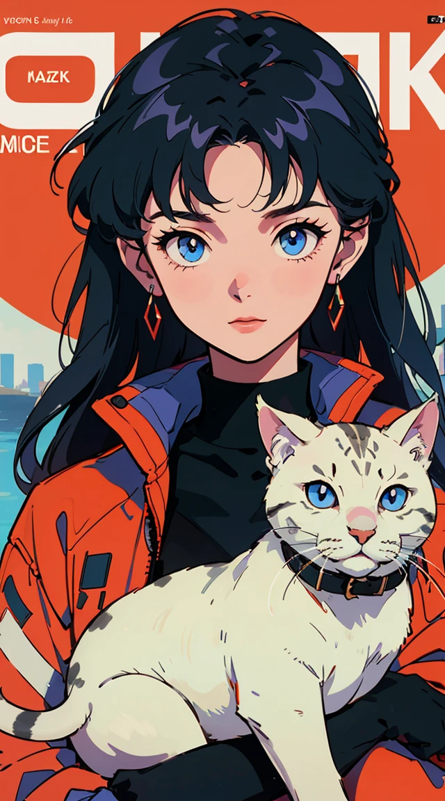 8k image quality, 2000s style animation, 24 year old girl, coolerfull hair, long hair, dark blue eyes, With a red turtleneck, black coat, home background, magazine cover, whole body , By the creek , posing, With an  cat, the cat had a white collar and blue eyes