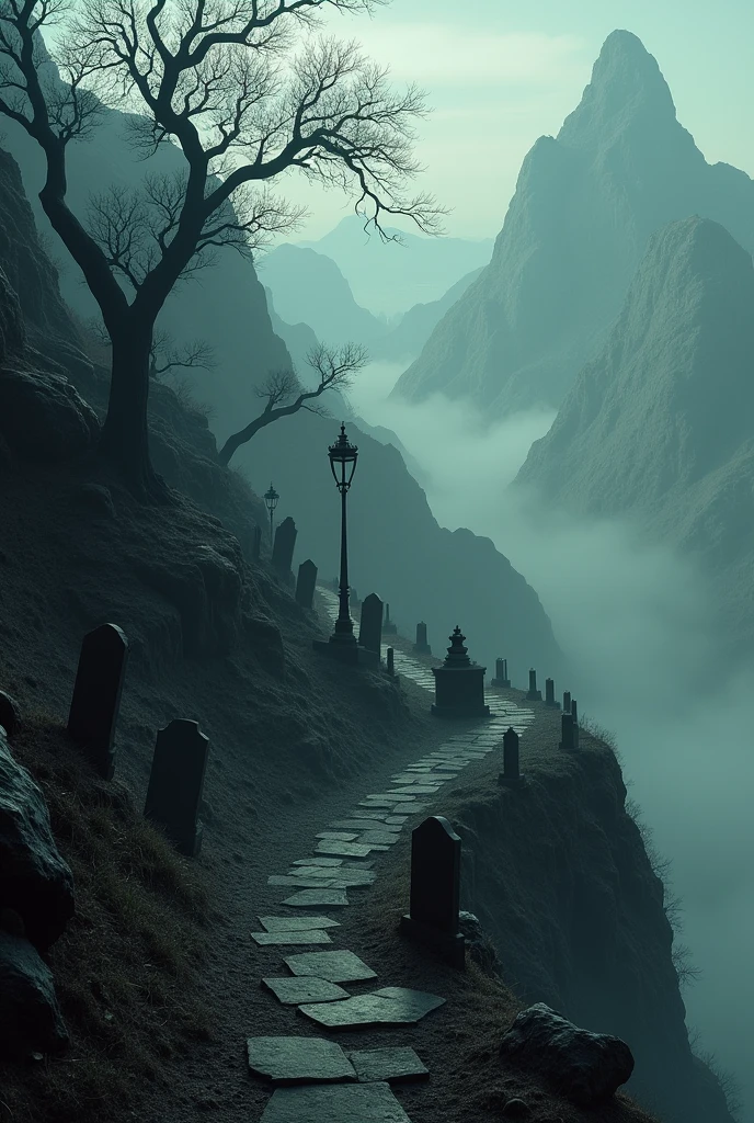 haunted cemetery hidden on top of a mountain, accessible only by a narrow trail