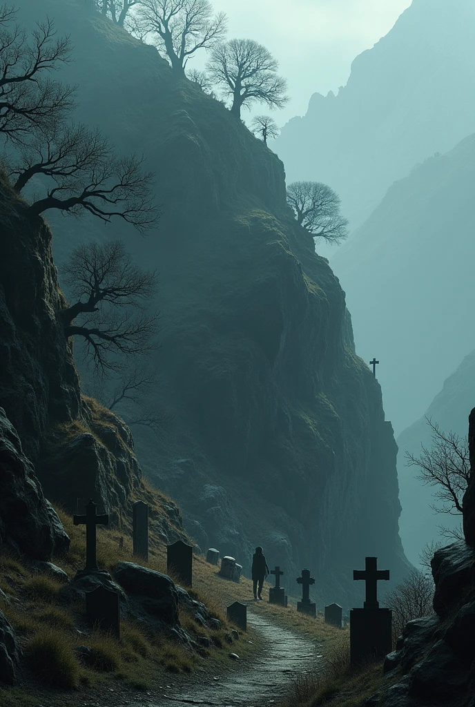 haunted cemetery hidden on top of a mountain, accessible only by a narrow trail