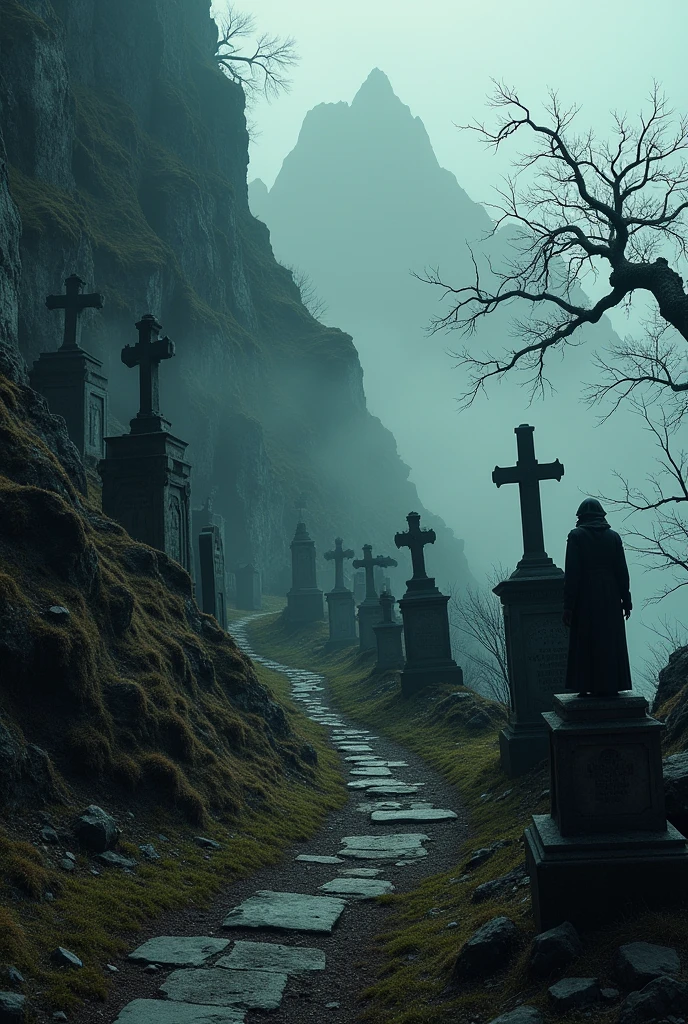 haunted cemetery hidden on top of a mountain, accessible only by a narrow trail

