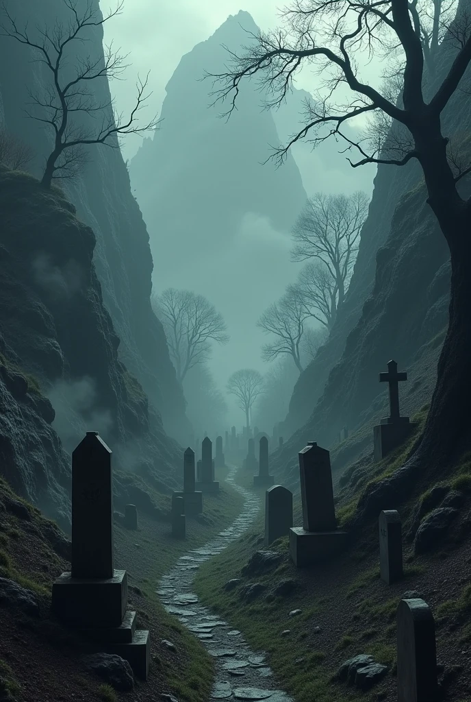haunted cemetery hidden on top of a mountain, accessible only by a narrow trail