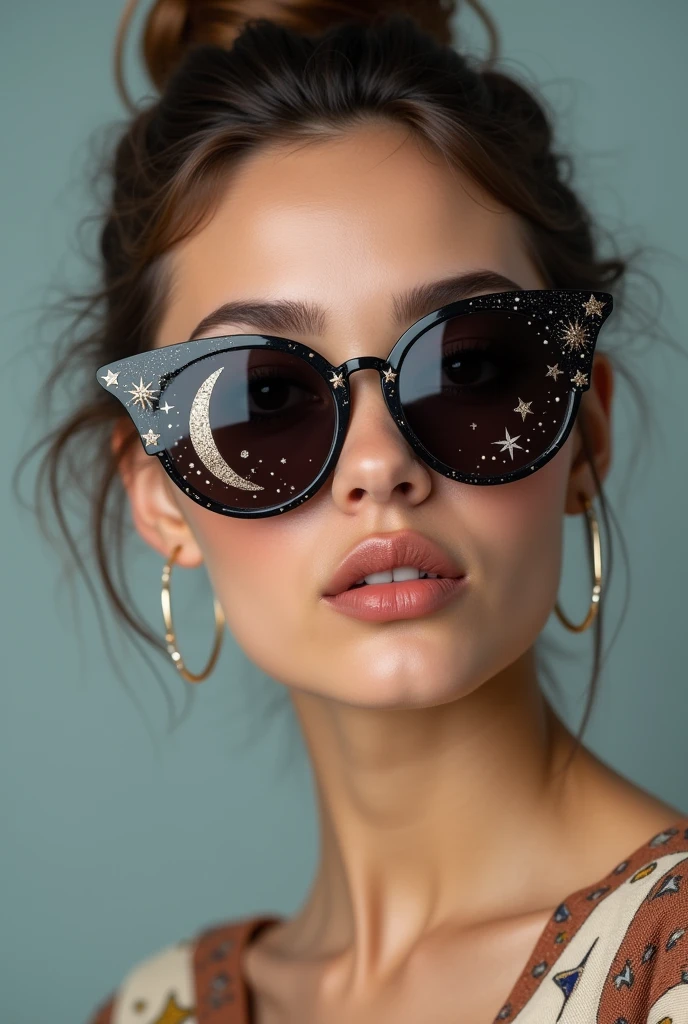 The model is wearing glass sunglasses with stars and the moon on the glass