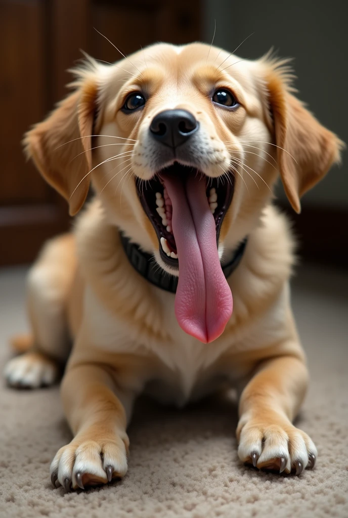 big tits mommy crawling while sticking her tongue out and spit is dripping down her tongue and she wearing a collar dog