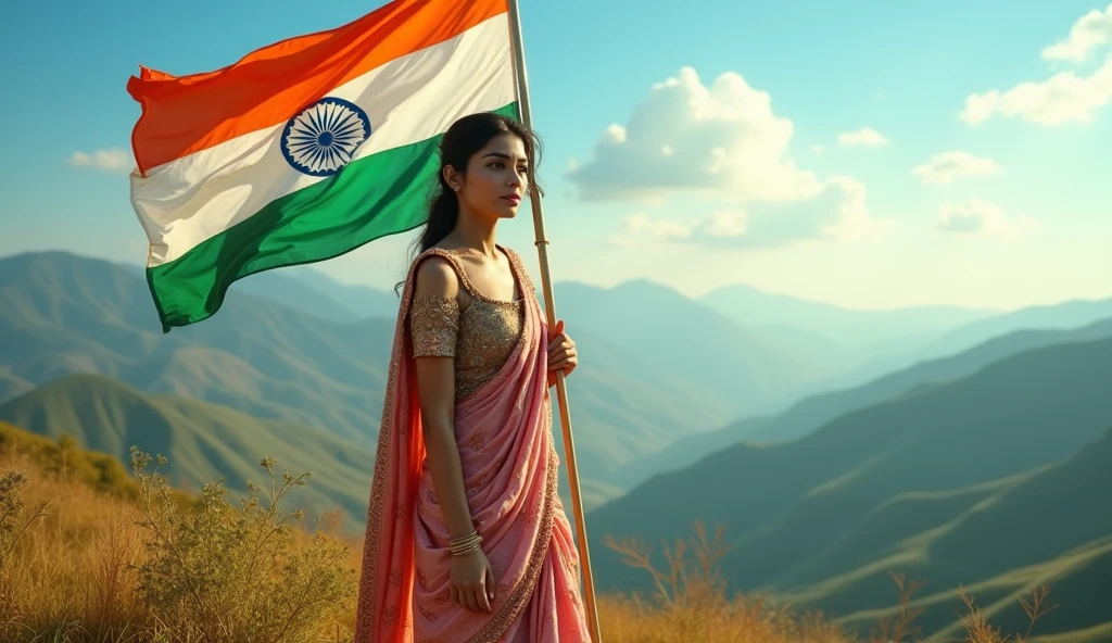 A 18 old sexcy and cute girl carrying Indian flag, standing on the heights, (4k, HDR), realistic
, VIVID filter 