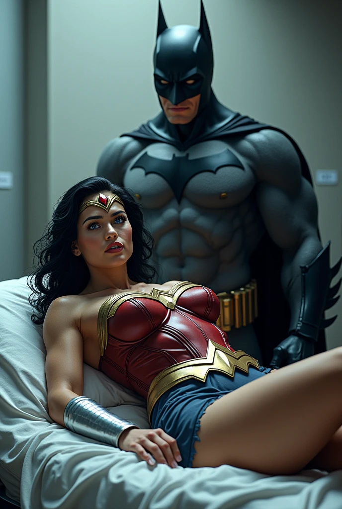 A toned athlete, muscular, blue eyes, black hair Wonder Woman in Wonder Woman’s tiara, red and gold bus ((silver wrist gauntlet:1.2)), ((Red knee high boots:1.2)), golden belt with athletic and muscular body with tattered costumes lying on hospital bed with Batman watching over her