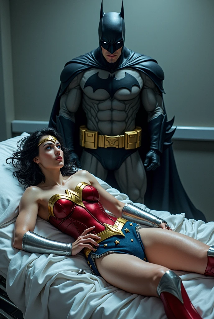 A toned athlete, muscular, blue eyes, black hair Wonder Woman in Wonder Woman’s tiara, red and gold bus ((silver wrist gauntlet:1.2)), ((Red knee high boots:1.2)), golden belt with athletic and muscular body with tattered costumes lying on hospital bed with Batman watching over her