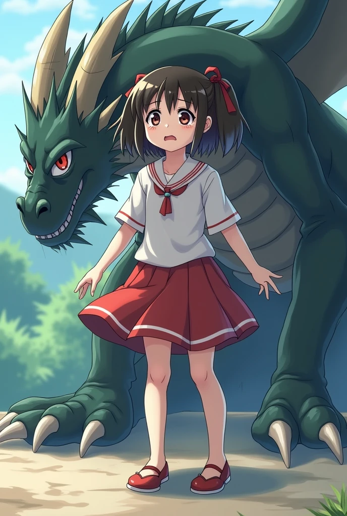 A girl's lower_body is transformed into a dragon(four legs)(Japanese anime style)(scared and crying)(skirt)