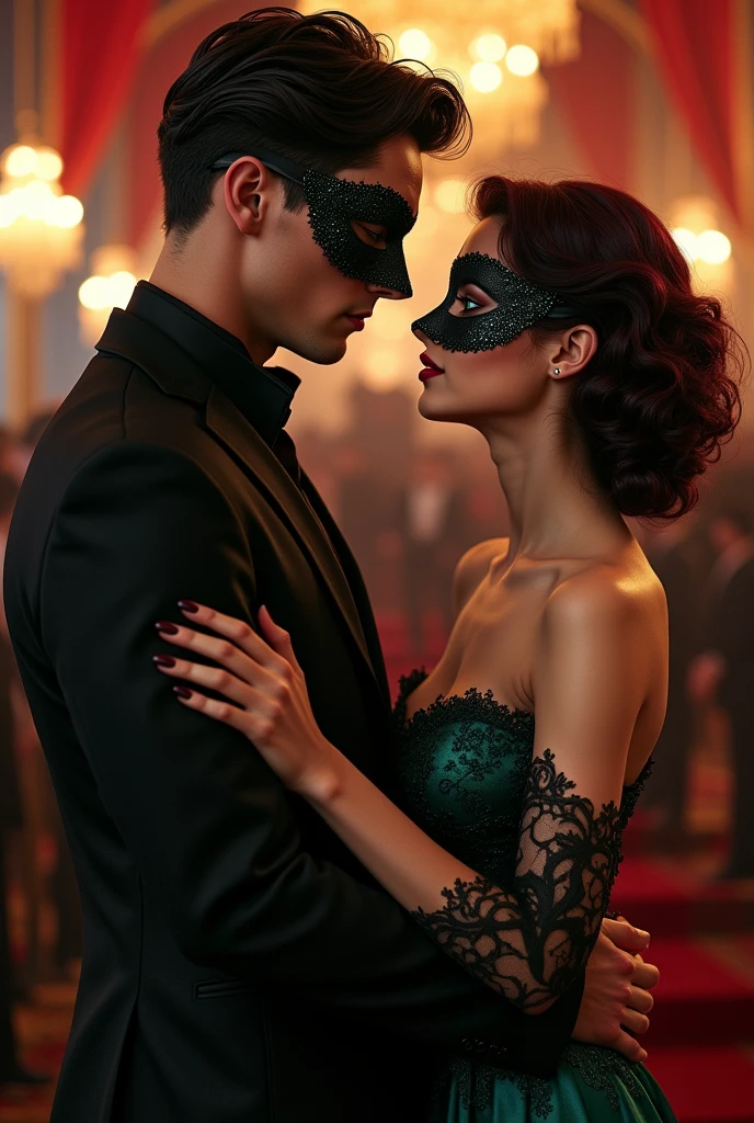 - A couple at a masquerade ball.
- The woman has wine-colored, almost black hair, dark shaped eyes, wine nails and wears a dark emerald green dress with a black mask with lace.
- The man is tall, brawny, with dark hair, blue eyes and wears a black suit with a wine colored mask.
- The scene must show them full body, they looking at each other, a beautiful exchange of glances, with the man presenting a darker aspect.
- o homem BEM bonito com o rosto mais marcado e brawny
